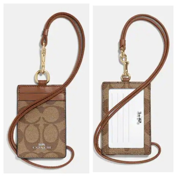 New Coach ID Badge Card Holder Lanyard Signature Canvas Leather Khaki Brown Gold - Picture 1 of 11